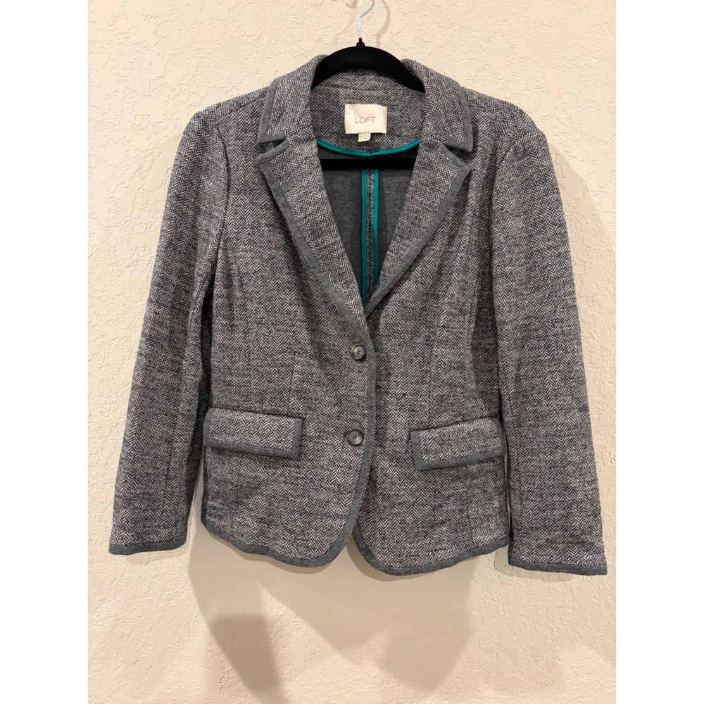 Loft Ann Taylor Grey Herringbone Blazer Cotton Wool Blend Teal Trim Size M